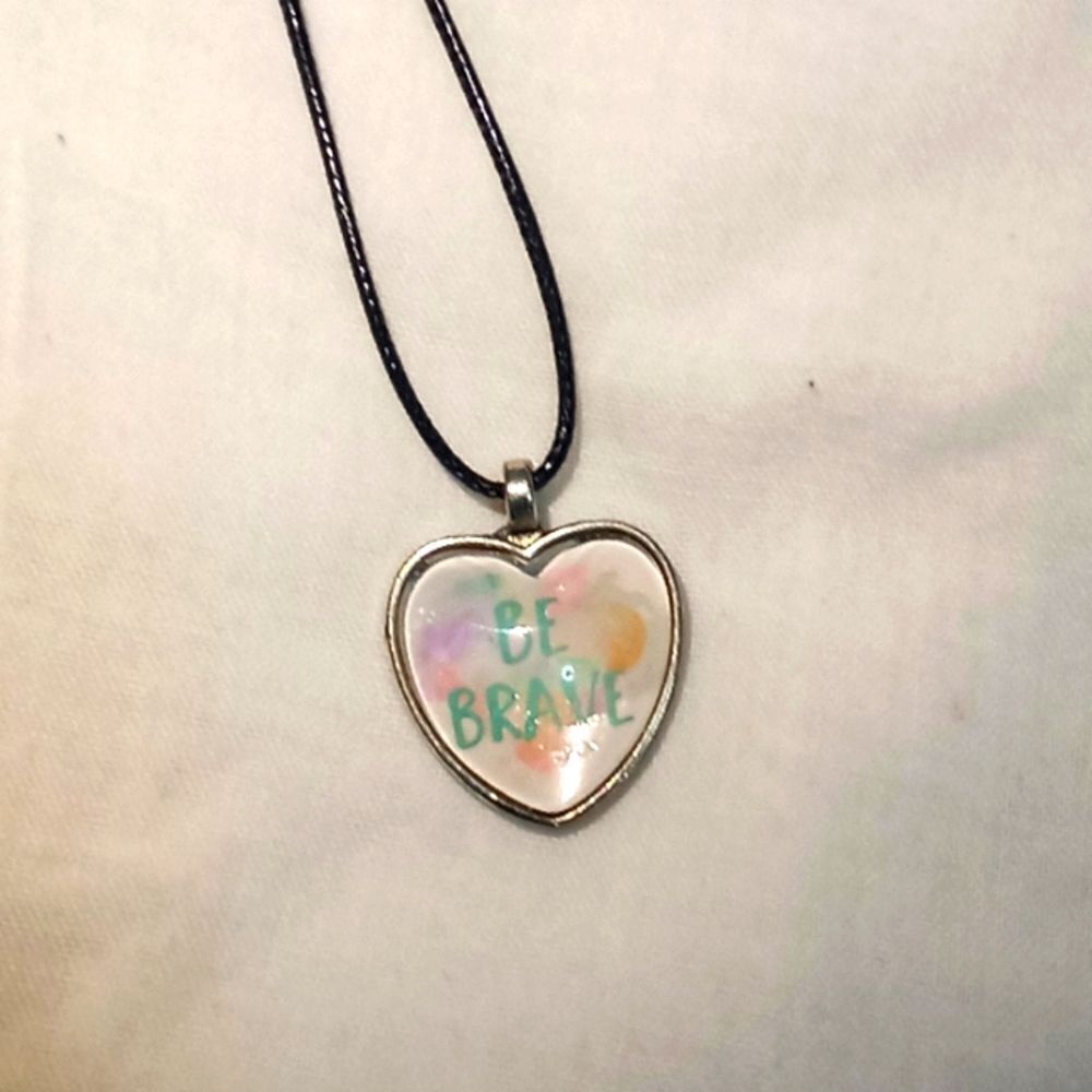 Handmade Be Brave Silver Heart Glass pendant w black waxed Wired cotton necklace